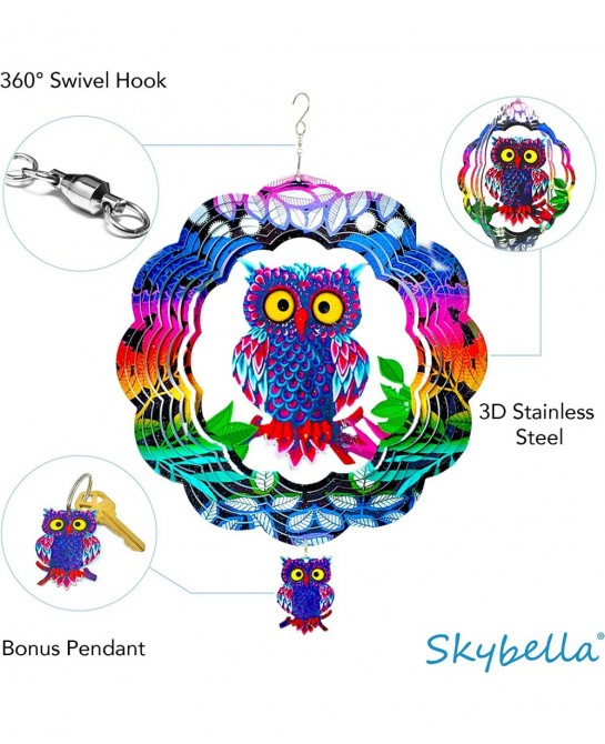 Wind Spinners - Owl Wind Spinner with Bonus Keychain Pendant. 12 inch Wind Spinner. Hanging Wind Spinners for Yard and Garden...
