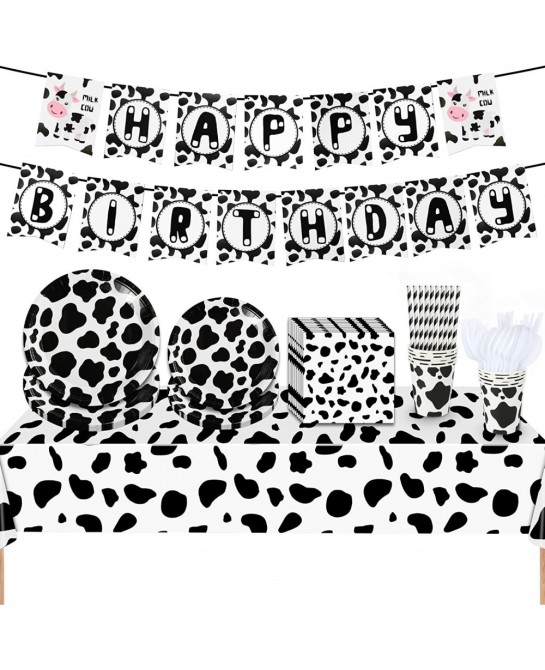 Cow Print Birthday Party Supplies Set Plates Napkins Knives Spoons Cups Straws Forks Table Cloth Happy Birthday Banner for Co...