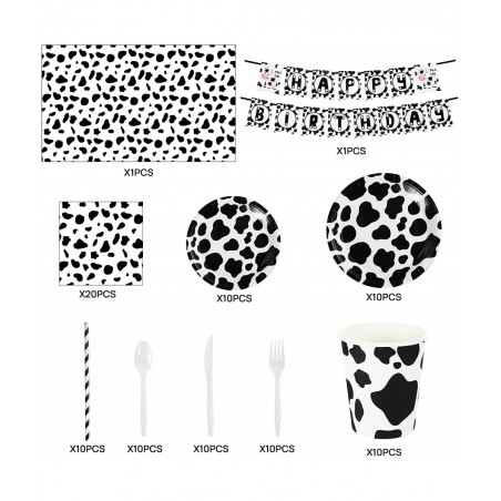 Cow Print Birthday Party Supplies Set Plates Napkins Knives Spoons Cups Straws Forks Table Cloth Happy Birthday Banner for Co...
