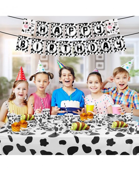 Cow Print Birthday Party Supplies Set Plates Napkins Knives Spoons Cups Straws Forks Table Cloth Happy Birthday Banner for Co...