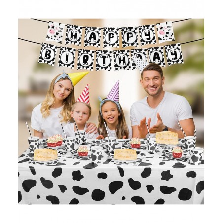Cow Print Birthday Party Supplies Set Plates Napkins Knives Spoons Cups Straws Forks Table Cloth Happy Birthday Banner for Co...