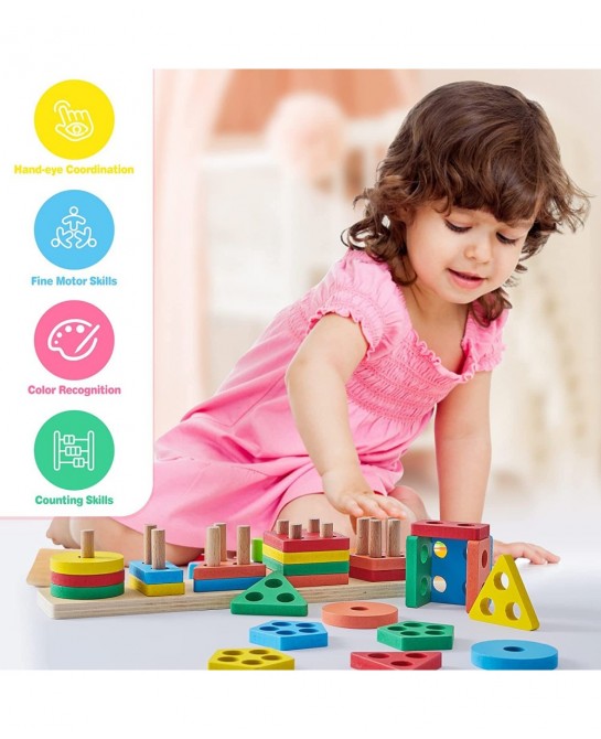 Montessori Toys for 18+ Months Old - Toddlers Wooden Sorting and Stacking Toys for Baby Boys and Girls - Shape Sorter and Col...