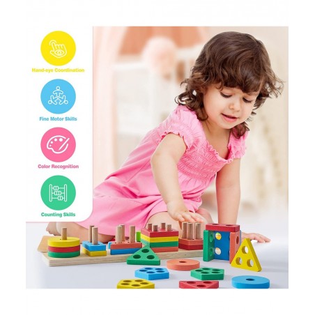 Montessori Toys for 18+ Months Old - Toddlers Wooden Sorting and Stacking Toys for Baby Boys and Girls - Shape Sorter and Col...