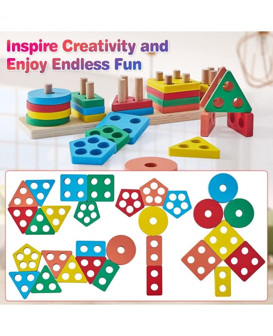 Montessori Toys for 18+ Months Old - Toddlers Wooden Sorting and Stacking Toys for Baby Boys and Girls - Shape Sorter and Col...