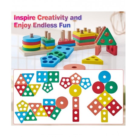 Montessori Toys for 18+ Months Old - Toddlers Wooden Sorting and Stacking Toys for Baby Boys and Girls - Shape Sorter and Col...