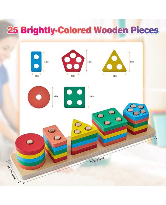 Montessori Toys for 18+ Months Old - Toddlers Wooden Sorting and Stacking Toys for Baby Boys and Girls - Shape Sorter and Col...