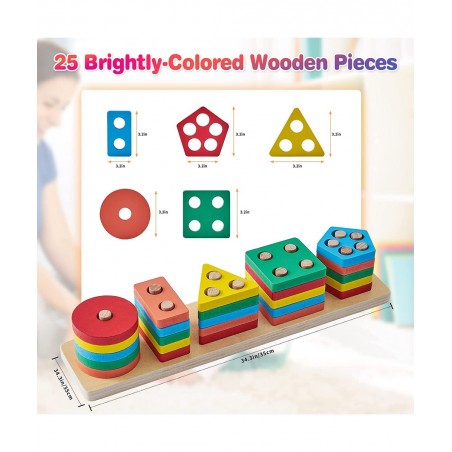 Montessori Toys for 18+ Months Old - Toddlers Wooden Sorting and Stacking Toys for Baby Boys and Girls - Shape Sorter and Col...