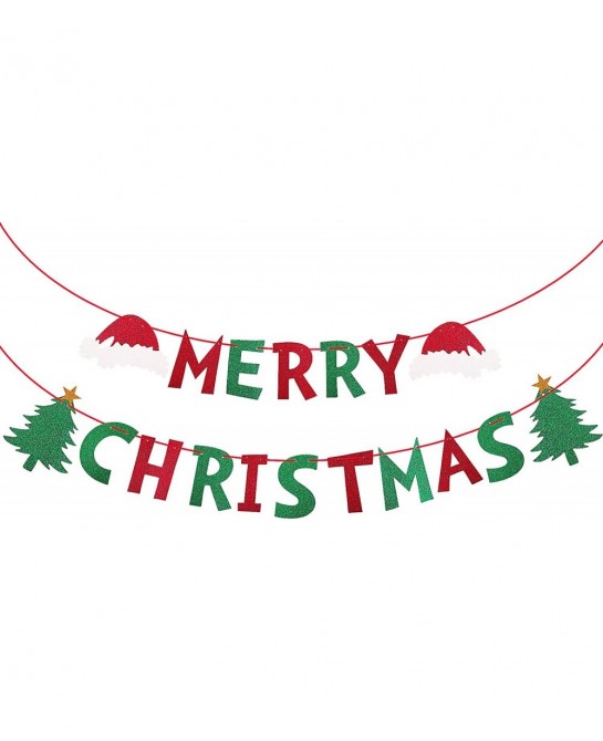 Glittery Merry Christmas Banner Red & Green Christmas Banner Bunting Pennant Banner for Party Decoration Christmas Hat Christ...