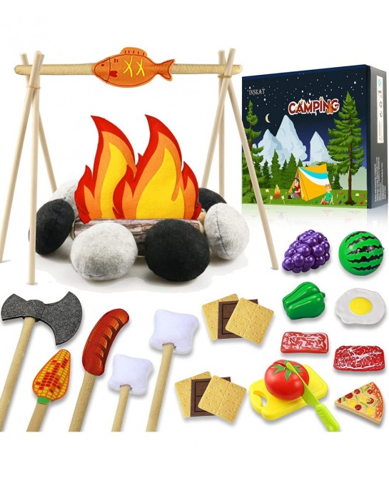 45 PCS Pretend Play Campfire Toy for Kids Toddler Camping Toys Play Set Felt Campfire Playset with Pretend Cutting Fruits Plu...