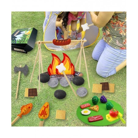 45 PCS Pretend Play Campfire Toy for Kids Toddler Camping Toys Play Set Felt Campfire Playset with Pretend Cutting Fruits Plu...