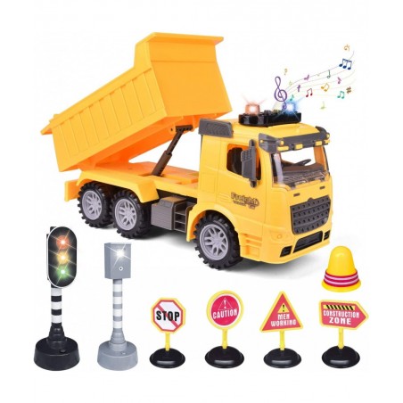 Construction Truck Toys with Street Signs Friction Powered Dump Truck Toy with Sound & Light Construction Toy Vehicle Toy Tru...