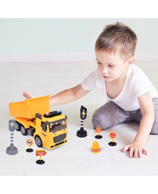 Construction Truck Toys with Street Signs Friction Powered Dump Truck Toy with Sound & Light Construction Toy Vehicle Toy Tru...
