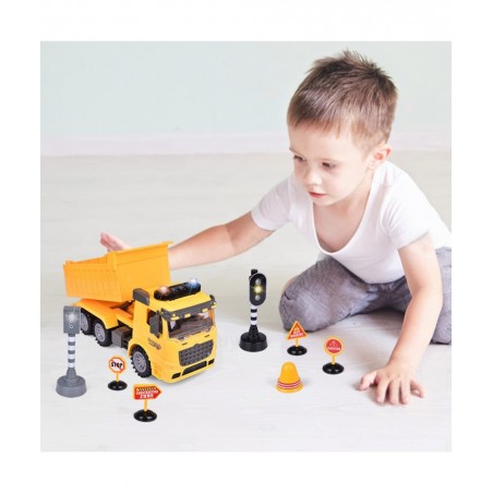Construction Truck Toys with Street Signs Friction Powered Dump Truck Toy with Sound & Light Construction Toy Vehicle Toy Tru...
