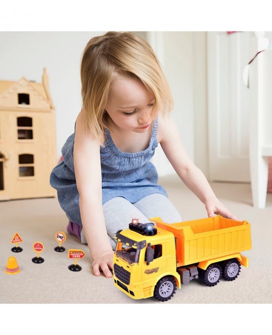 Construction Truck Toys with Street Signs Friction Powered Dump Truck Toy with Sound & Light Construction Toy Vehicle Toy Tru...