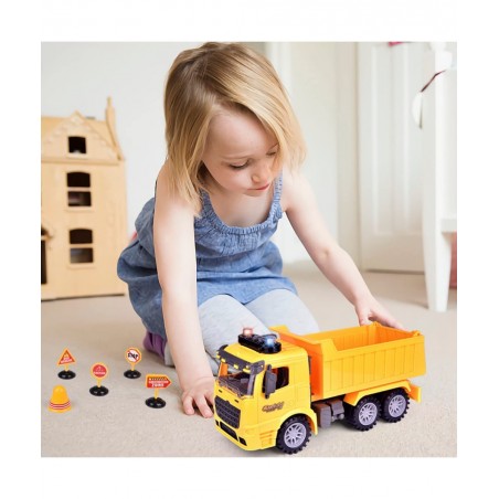 Construction Truck Toys with Street Signs Friction Powered Dump Truck Toy with Sound & Light Construction Toy Vehicle Toy Tru...