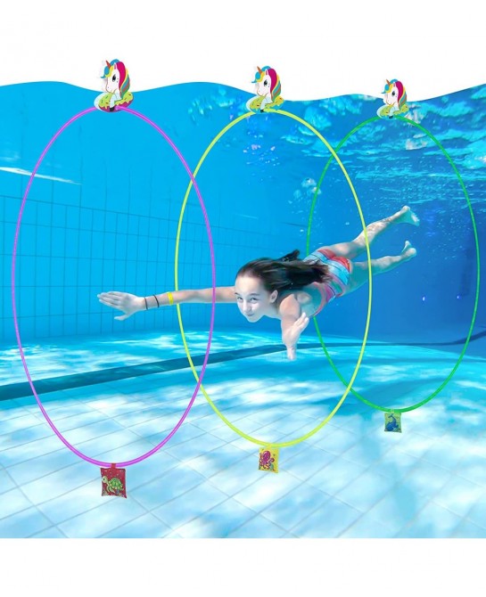 15PCS Pool Toys Games for Kids Ages 13 Adults - 5PCS Diving Swim Through Rings + 5PCS Unicorn Buoys + 5PCS Sand Bags Accessor...