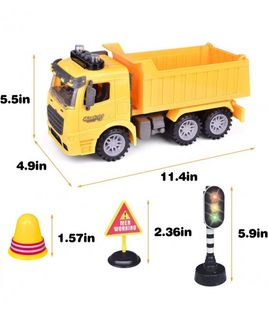 Construction Truck Toys with Street Signs Friction Powered Dump Truck Toy with Sound & Light Construction Toy Vehicle Toy Tru...