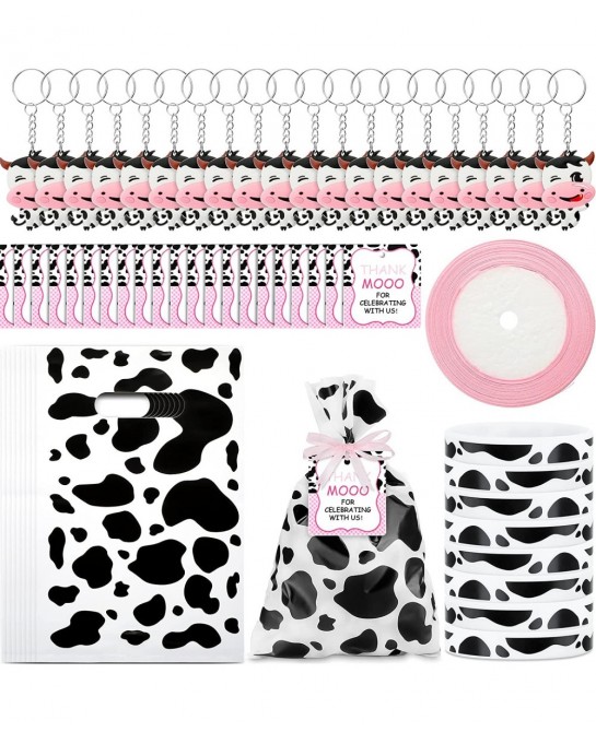 81 Pieces Cow Party Favors Cow Print Keychains Rubber Bracelets Gift Bags Thank You Tags with Ribbon Return Present for Kid C...