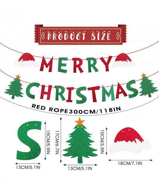 Glittery Merry Christmas Banner Red & Green Christmas Banner Bunting Pennant Banner for Party Decoration Christmas Hat Christ...
