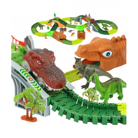 Dinosaur Race Track Toys - 284pcs Lengthen Flexible Track Toys with Dinosaur Race Car Create a Dinosaur World Road Race for 3...