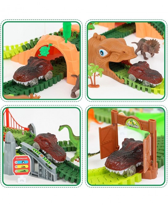 Dinosaur Race Track Toys - 284pcs Lengthen Flexible Track Toys with Dinosaur Race Car Create a Dinosaur World Road Race for 3...