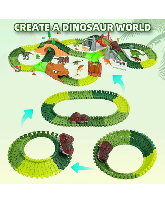 Dinosaur Race Track Toys - 284pcs Lengthen Flexible Track Toys with Dinosaur Race Car Create a Dinosaur World Road Race for 3...