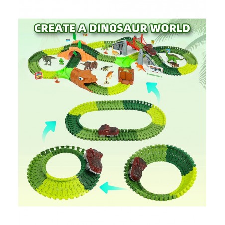 Dinosaur Race Track Toys - 284pcs Lengthen Flexible Track Toys with Dinosaur Race Car Create a Dinosaur World Road Race for 3...