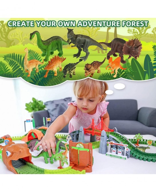 Dinosaur Race Track Toys - 284pcs Lengthen Flexible Track Toys with Dinosaur Race Car Create a Dinosaur World Road Race for 3...