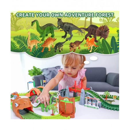 Dinosaur Race Track Toys - 284pcs Lengthen Flexible Track Toys with Dinosaur Race Car Create a Dinosaur World Road Race for 3...