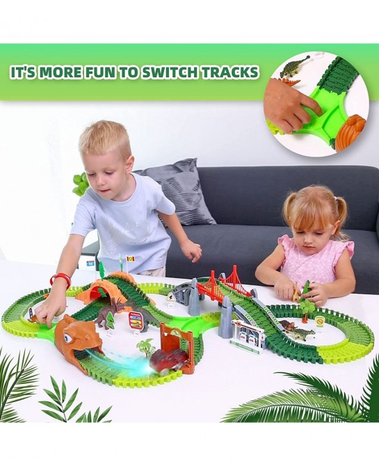 Dinosaur Race Track Toys - 284pcs Lengthen Flexible Track Toys with Dinosaur Race Car Create a Dinosaur World Road Race for 3...