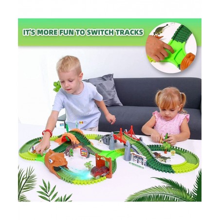 Dinosaur Race Track Toys - 284pcs Lengthen Flexible Track Toys with Dinosaur Race Car Create a Dinosaur World Road Race for 3...