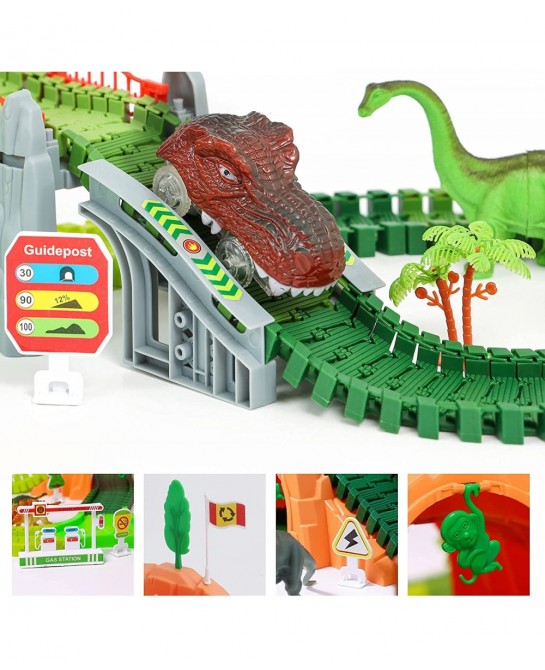 Dinosaur Race Track Toys - 284pcs Lengthen Flexible Track Toys with Dinosaur Race Car Create a Dinosaur World Road Race for 3...