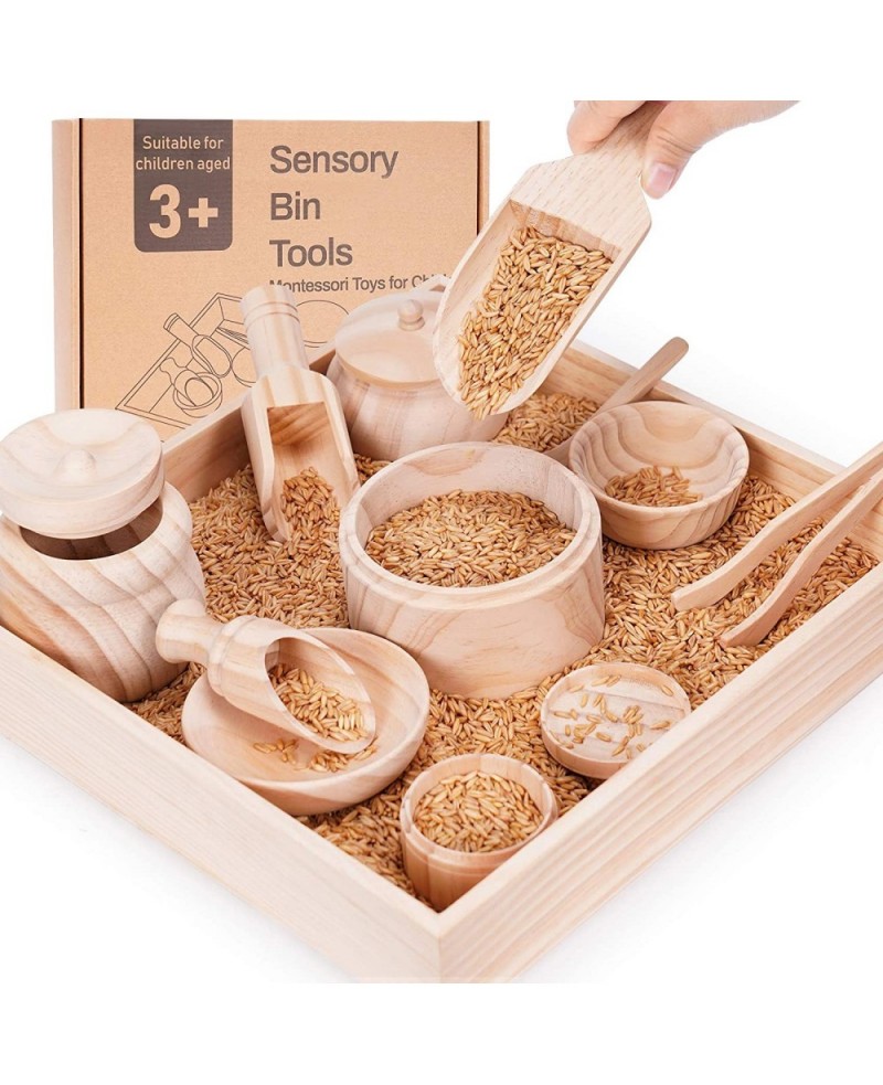 Sensory Bin Tools with Wooden Box Montessori Toys for Toddlers Sensory Toys Set of 12 Wooden Scoops and Wooden Tongs for Tran...