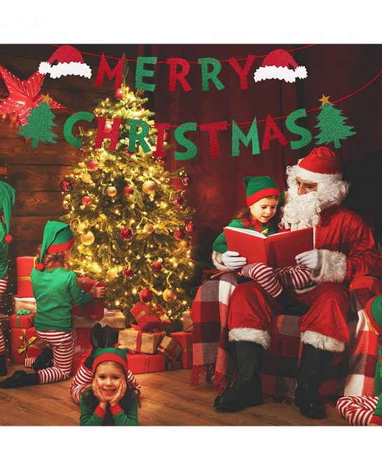Glittery Merry Christmas Banner Red & Green Christmas Banner Bunting Pennant Banner for Party Decoration Christmas Hat Christ...