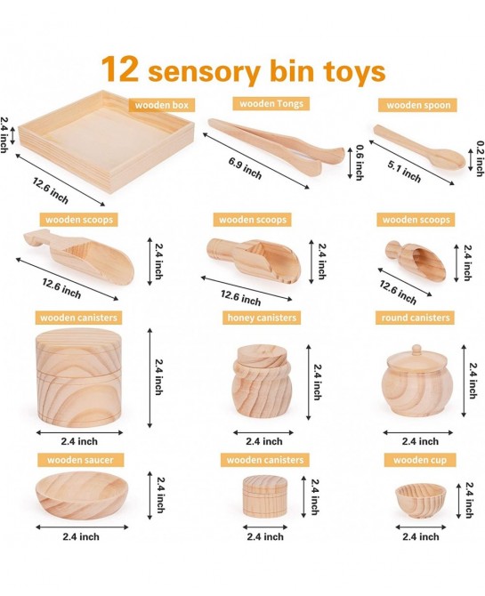 Sensory Bin Tools with Wooden Box Montessori Toys for Toddlers Sensory Toys Set of 12 Wooden Scoops and Wooden Tongs for Tran...