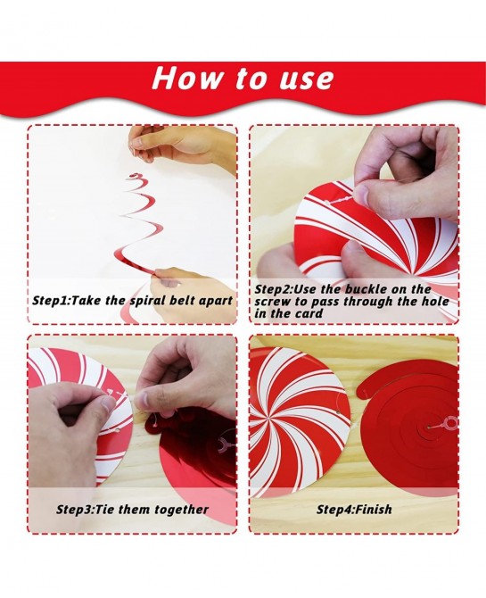 72 PCS Christmas Hanging Swirls Christmas Party Decorations Christmas Candy Hanging Swirl Garland Red Candy Cutouts for Chris...