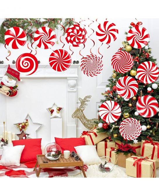72 PCS Christmas Hanging Swirls Christmas Party Decorations Christmas Candy Hanging Swirl Garland Red Candy Cutouts for Chris...