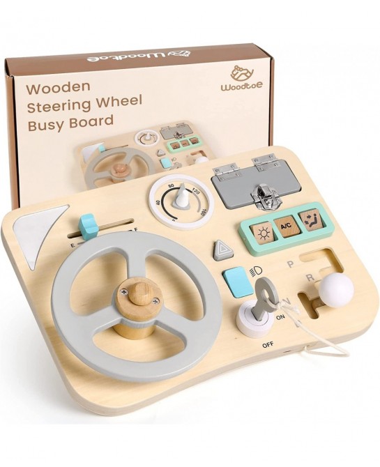 Busy Board for Toddlers Montessori Steering Wheel Driving Toy Wooden Sensory Toys Preschool Learning Activities for Fine Moto...