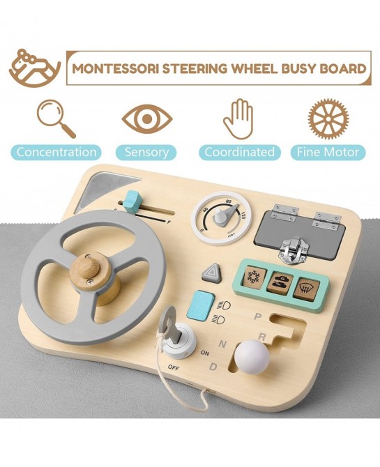 Busy Board for Toddlers Montessori Steering Wheel Driving Toy Wooden Sensory Toys Preschool Learning Activities for Fine Moto...