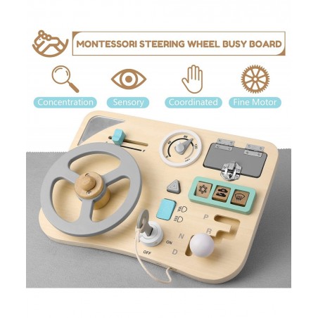 Busy Board for Toddlers Montessori Steering Wheel Driving Toy Wooden Sensory Toys Preschool Learning Activities for Fine Moto...