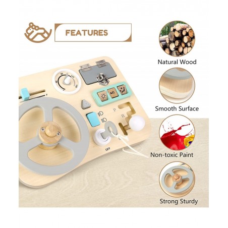 Busy Board for Toddlers Montessori Steering Wheel Driving Toy Wooden Sensory Toys Preschool Learning Activities for Fine Moto...
