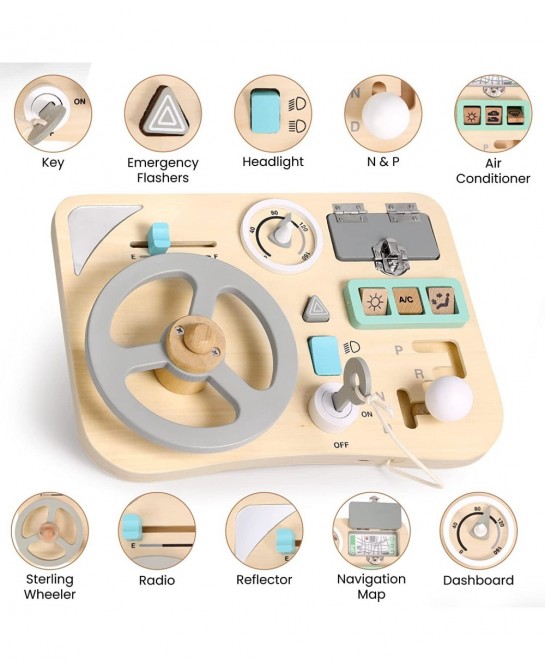 Busy Board for Toddlers Montessori Steering Wheel Driving Toy Wooden Sensory Toys Preschool Learning Activities for Fine Moto...
