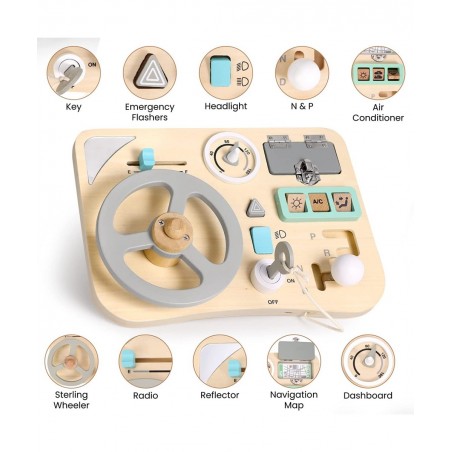 Busy Board for Toddlers Montessori Steering Wheel Driving Toy Wooden Sensory Toys Preschool Learning Activities for Fine Moto...