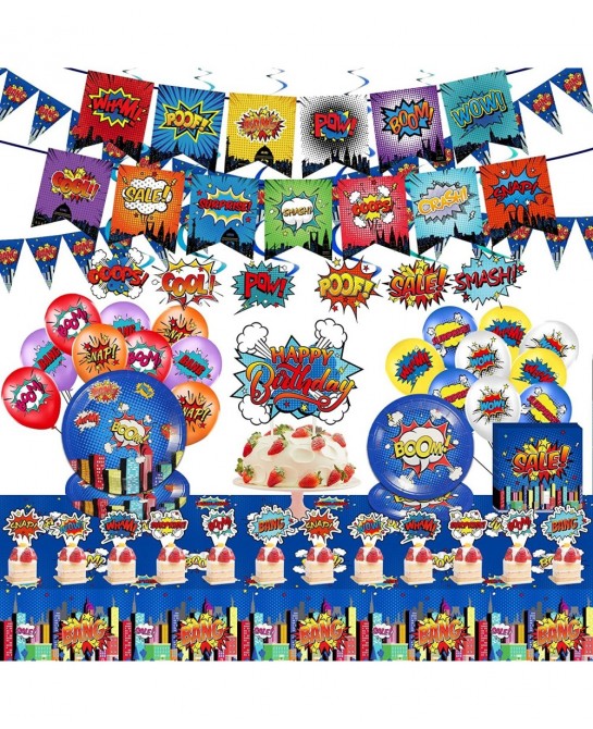Superhero Birthday Party Supplies Set Plates Napkins Knives Spoons Forks Table Cloth 12 inch Balloons Happy Birthday Banner f...