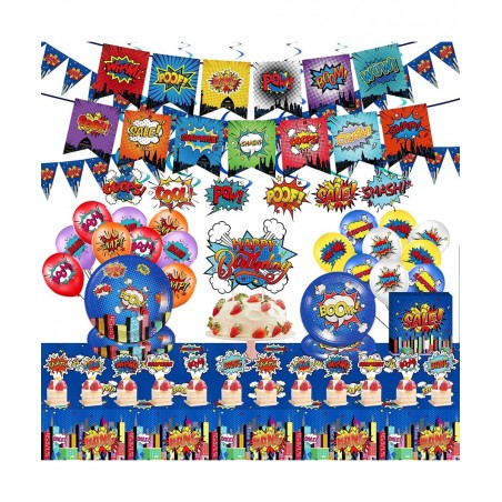 Superhero Birthday Party Supplies Set Plates Napkins Knives Spoons Forks Table Cloth 12 inch Balloons Happy Birthday Banner f...