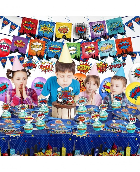 Superhero Birthday Party Supplies Set Plates Napkins Knives Spoons Forks Table Cloth 12 inch Balloons Happy Birthday Banner f...