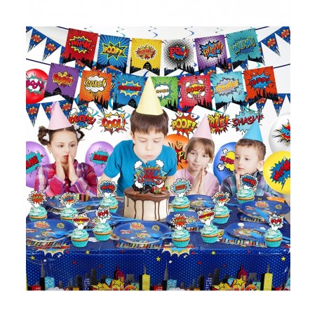 Superhero Birthday Party Supplies Set Plates Napkins Knives Spoons Forks Table Cloth 12 inch Balloons Happy Birthday Banner f...