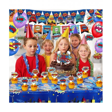 Superhero Birthday Party Supplies Set Plates Napkins Knives Spoons Forks Table Cloth 12 inch Balloons Happy Birthday Banner f...