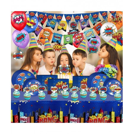 Superhero Birthday Party Supplies Set Plates Napkins Knives Spoons Forks Table Cloth 12 inch Balloons Happy Birthday Banner f...