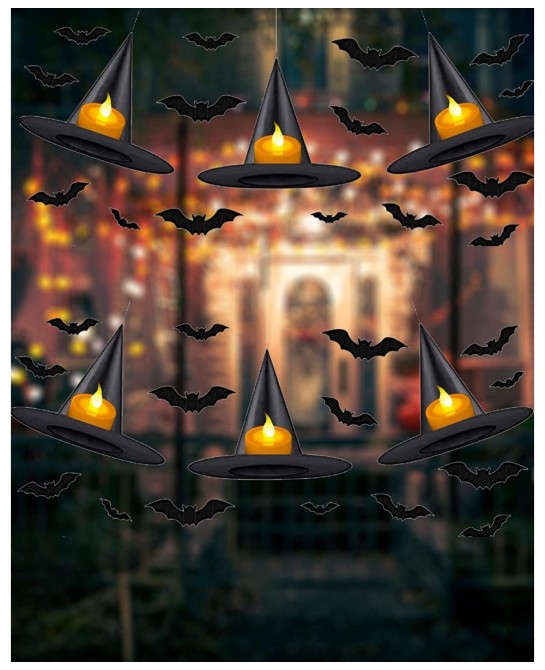 Halloween Witch Hat Lights Halloween Light up Decorations Floating Witch Hats with Tea Light and 3D Bats halloween Wall Decor...
